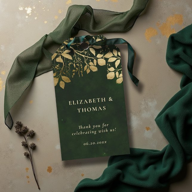 Förtrollad skog Guldblad Jägare Grön Bröllop Presentetikett (enchanted forest wedding theme gift tag hunter green gold foliage elegant modern classic)