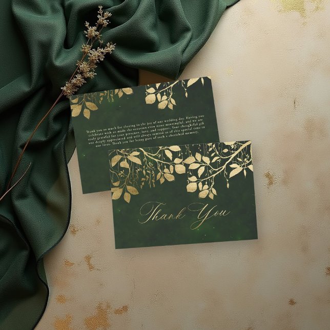 Förtrollad skog Guldblad Jägare Grön Bröllop Tack Kort (enchanted forest wedding theme thank you card gold foliage hunter green gold elegant)