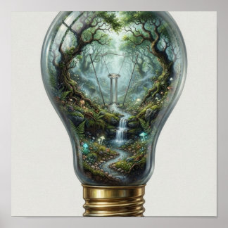 Förtrollad Skog Inuti en Glödlampa – Magisk Nat Poster