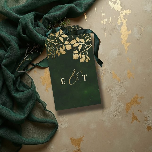 Förtrollad Skog Jaktgrön Guld Löv Bröllop Presentetikett (enchanted forest wedding theme gift tag couple monograms hunter green gold foliage elegant classic)