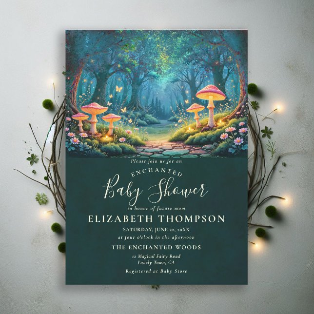 Förtrollad Skog Lysande Svamp Konst Bebisens Först Inbjudningar (enchanted forest baby shower theme invite magical fairy tale glowing mushrooms woodland grove)