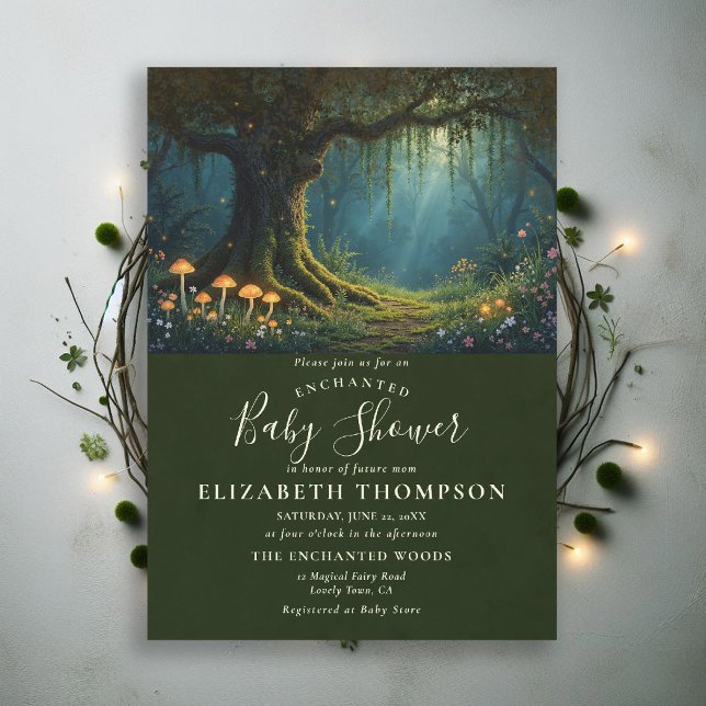 Förtrollad Skog Lysande Svamp Mossa Bebisdopp Inbjudningar (enchanted forest baby shower theme invite magical fairy tale mushrooms woodland wildflowers)