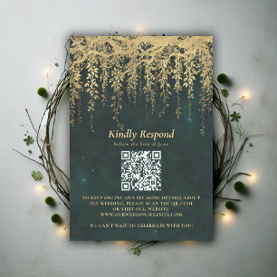 Förtrollad Skog Magisk Guld Vinbröllop QR RSVP OSA Kort