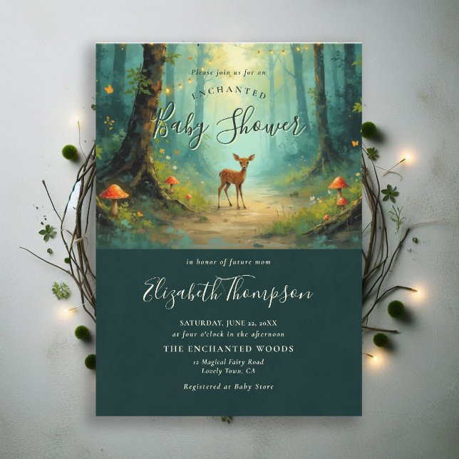 Förtrollad Skog Magisk Sagobarnvakt Babyshower Inbjudningar (enchanted forest baby shower theme invite magical fairy tale mushrooms woodland deer emerald)