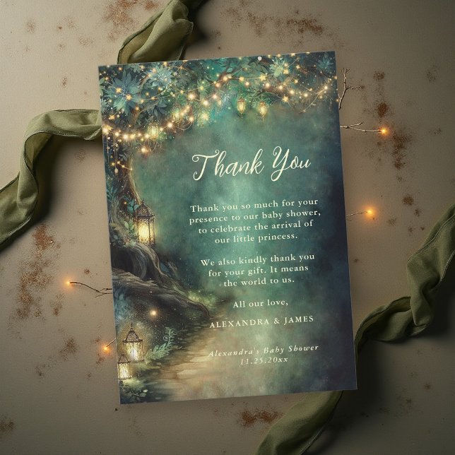 Förtrollad Skog Magiska Lanternor Fe Babyfirande Tack Kort (enchanted forest baby shower thank you emerald green gold fairy lights lanterns magical woodland)