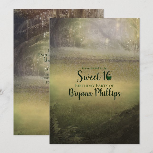 Förtrollad Skog med Förtrollande Ljus Söta 16 Föde Inbjudningar (Fram/baksida)