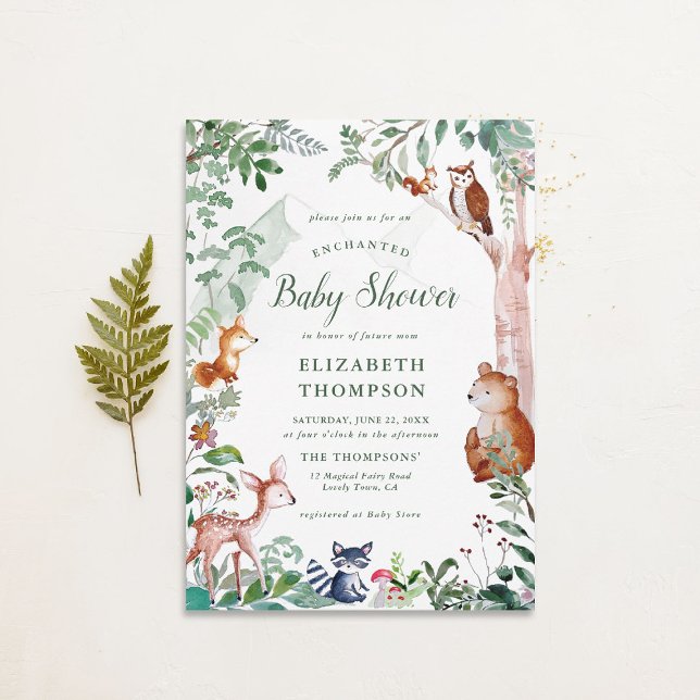 Förtrollad Skog Neutral Söt Bebis Shower Inbjudningar (woodland baby shower invitation neutral enchanted forest bear fox deer magical woods fairy tale)
