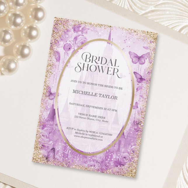 Förtrollad Skog Sagoslott Blommig Bröllop Inbjudningar (Enchanted Forest Fairytale Castle Floral Bridal Invitation)