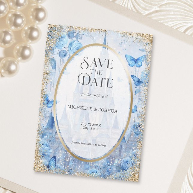 Förtrollad Skog Sagoslott Blommor Fjärilar Spara Datumet (Enchanted Wood Fairytale Castle Floral Butterflies Save The Date)