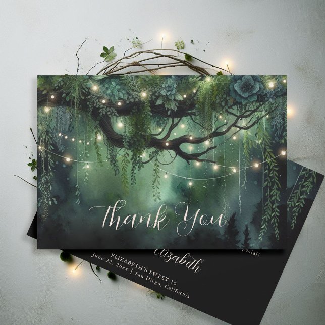 Förtrollad Skog Smaragd Blommig Älv Söt 16 Tack Kort (enchanted forest sweet 16 thank you card roses foliage woodland magical fairy tale)