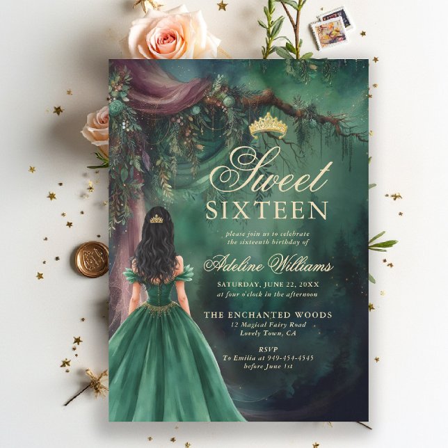 Förtrollad Skog Smaragd Guld Sagolik Sweet 16 Inbjudningar (enchanted forest sweet 16 sixteen invitation emerald green gold fairytale fairy tale princess script)