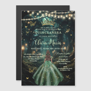 Förtrollad Skog Smaragdgrön Klänning Quinceañera Magnetisk Inbjudningskort