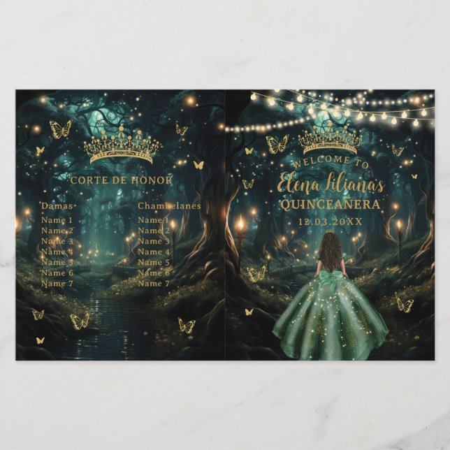 Förtrollad Skog Smaragdgrönt Quinceanera-program (Framsida)