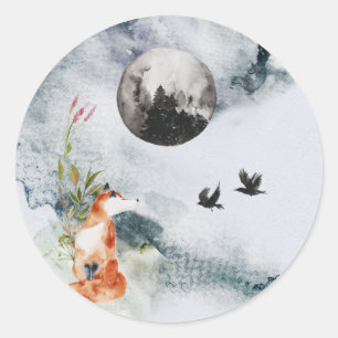 Förtrollad skog Stickers Fox Måne Raven Runt Klistermärke