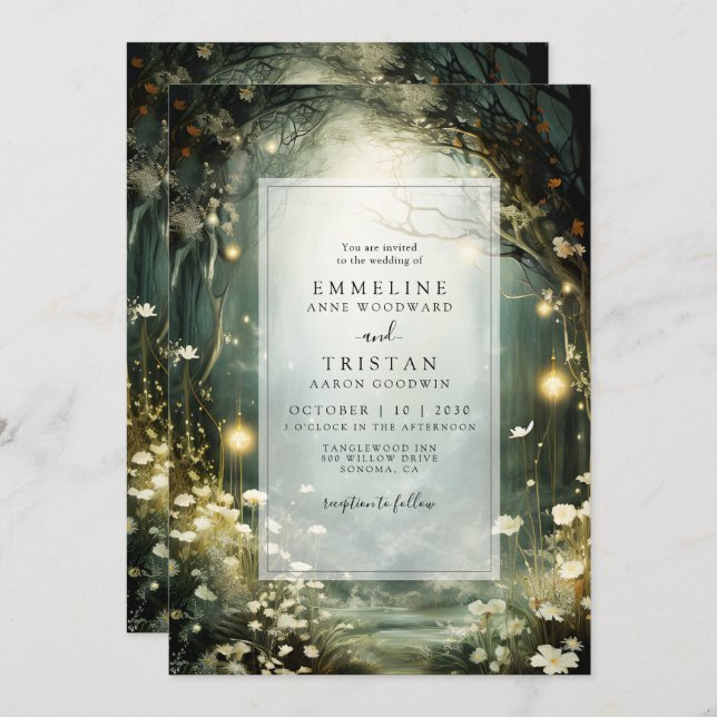 Förtrollad Skog Stig Av Blommor Grön Bröllopsfest Inbjudningar (Fram/baksida)