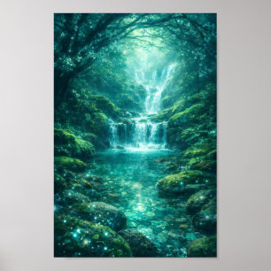 Förtrollad Skog Vattenfall Smaragdgrön Natur Poster