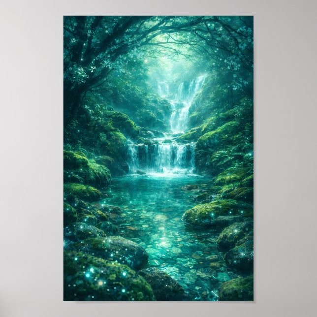 Förtrollad Skog Vattenfall Smaragdgrön Natur Poster (Framsidan)