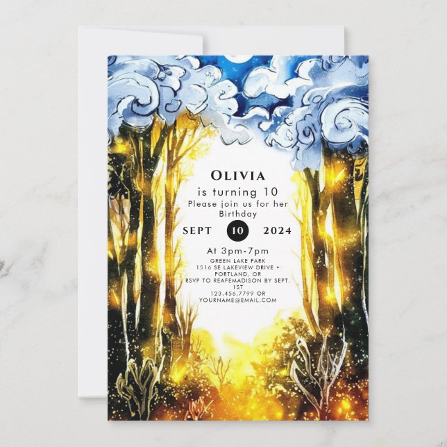 Förtrollad skogsfödelsedag inbjudningar (Framsida)