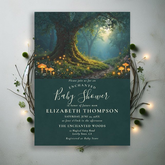 Förtrollad Skogsglöd Svamp Fantasi Bebisbadkar-fes Inbjudningar (enchanted forest baby shower theme invite magical fairy tale mushrooms woodland wildflowers fantasy)