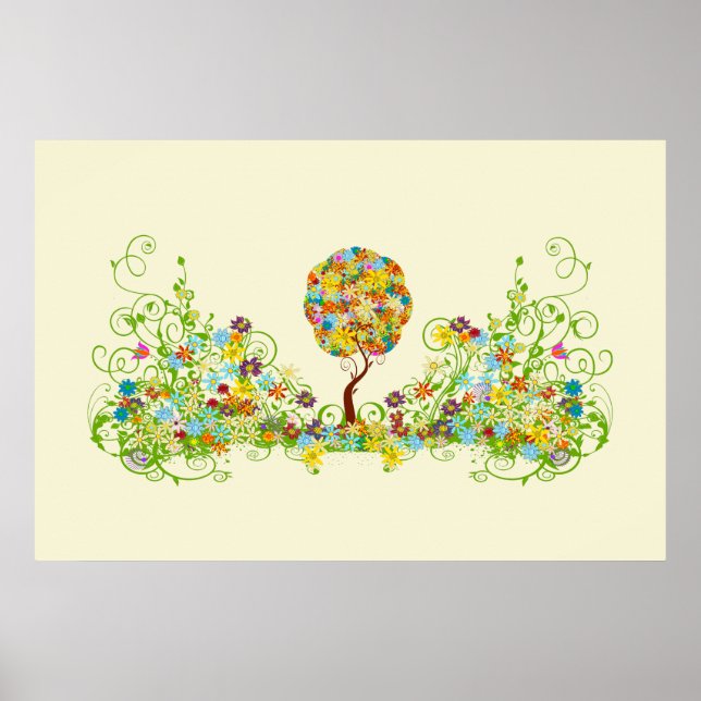 Förtrollad Skogslappverk Blommig Sagan Träd Poster (Framsidan)