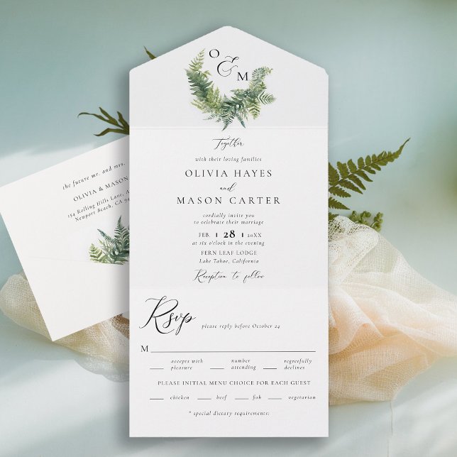 Förtrollad skogsmark Ferns Monogram Bröllop (enchanted forest wedding invitation botanical crest ferns outdoors mountains sage garden all in one)