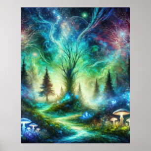 Förtrollad Skogsväg Lysande Svamp Kosmisk Himmel Poster