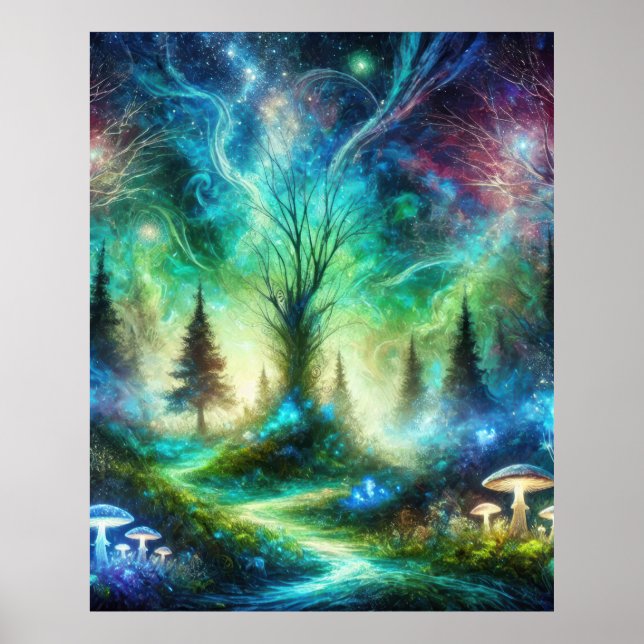 Förtrollad Skogsväg Lysande Svamp Kosmisk Himmel Poster (Framsidan)