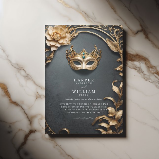 Förtrollad svart och guld Masquerad Bröllop Inbjudningar (Masquerade wedding invitation with baroque undertones and elegant gold foliage)