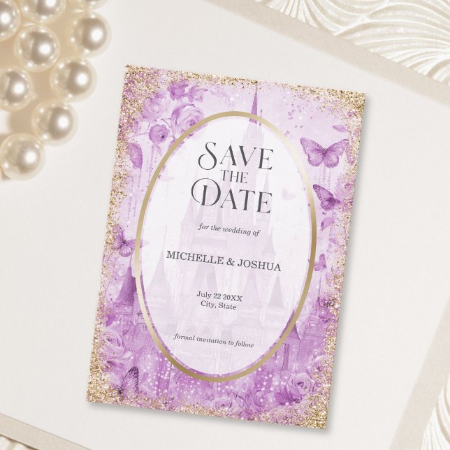 Förtrollad Trä Saga Slott Blommor Fjärilar Spara Datumet (Enchanted Wood Fairytale Castle Floral Butterflies Save The Date)
