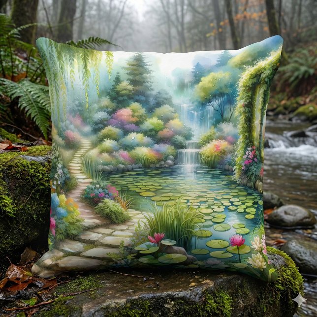 Förtrollad Trädgård Vid Vattenfall Liljedamm Kudde (Enchanted Waterfall Garden Lily Pond Throw Pillow Mockup A)