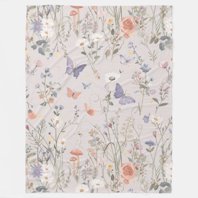 Förtrollad Trädgård Vildblomma Fjäril Whimsical Fleecefilt (Framsidan)