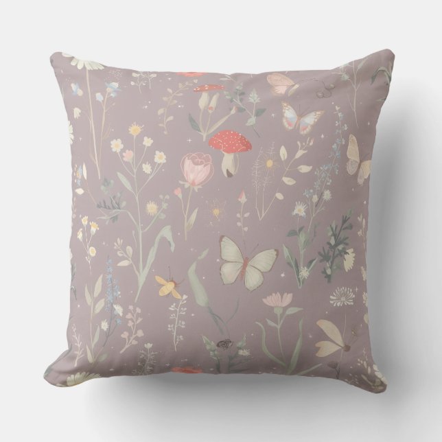Förtrollad Trädgård Vildblomma Fjäril Whimsical Kudde (Framsida)