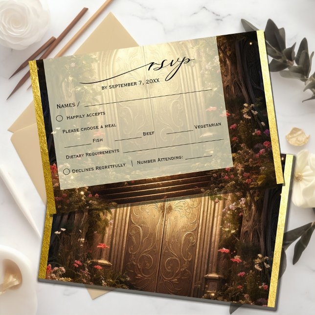 Förtrollad Trädgårdsport OSA Kort (Enchanted Garden Gate RSVP Card #zazzlemade #rsvpcard #olddooringarden #romanticstyle #floralandgold)