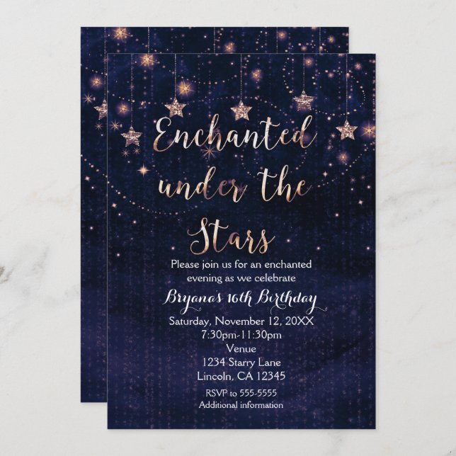 Förtrollad under stjärnorna lila & guld inbjudan (Fram/baksida)