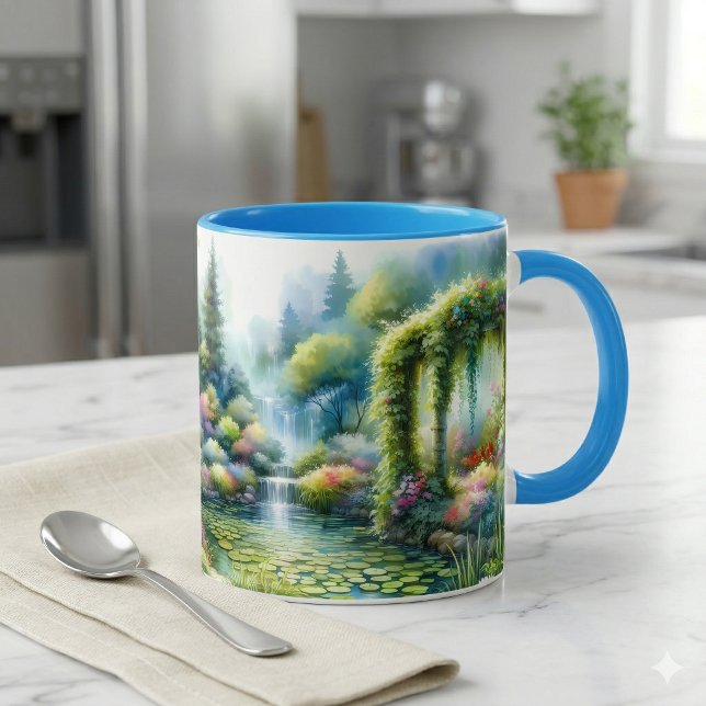 Förtrollad Vattenfalls Trädgård Liljedamm Mugg (Enchanted Waterfall Garden Lily Pond Mug On Marble Counter)