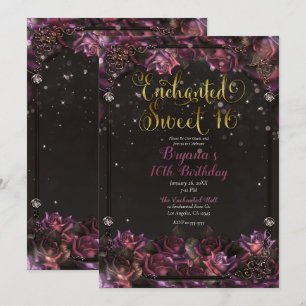 Förtrollade Bärrosor Blommig Guld Sweet 16-fest Inbjudningar