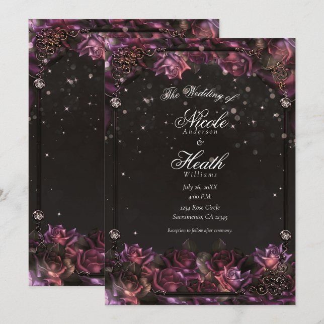 Förtrollade Bärrosor Mörkt Bröllop med Blommor Inbjudningar (Fram/baksida)