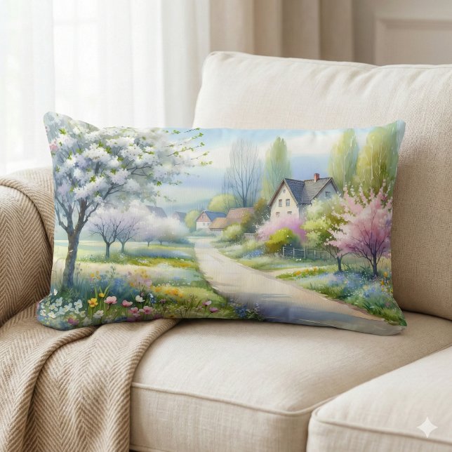Förtrollade Blomsterlandsvägen Lumbarkudde (Enchanted Blossom Country Lane Lumbar Pillow Mockup 4)