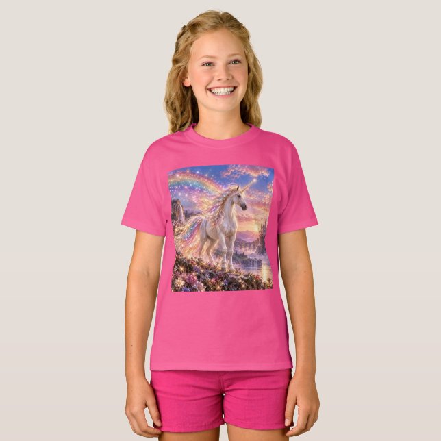 Förtrollade Regnbåge Enhörning Flickor Rosa T Shirt (Hel framsida)