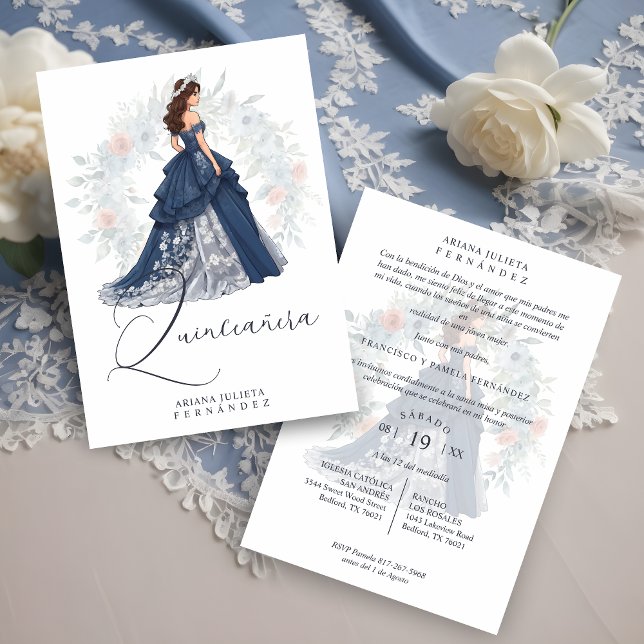 Förtrollade romantiska spanska Quinceañera Blue Sh Inbjudningar (Enchanted Romantic Spanish Quinceañera Blue Shades Invitation Card with Envelope. )