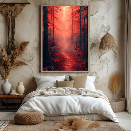 Förtrollade scharlakansröda skogen i monokrom röd poster
