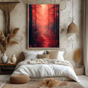 Förtrollade scharlakansröda skogen i monokrom röd poster