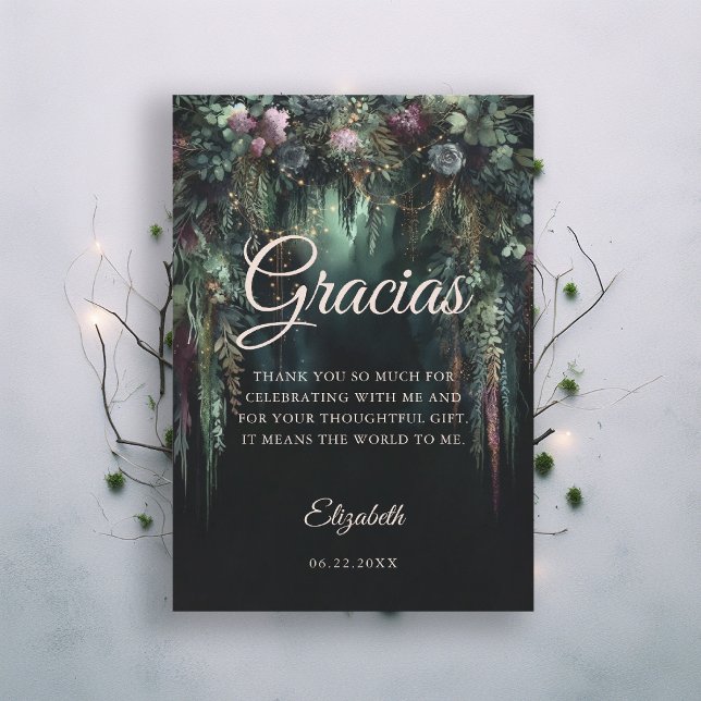Förtrollade Skogens Båge Sagoberättande Grön Quinc Tack Kort (quinceanera thank you card enchanted forest quince magical fairy tale botanical emerald purple)