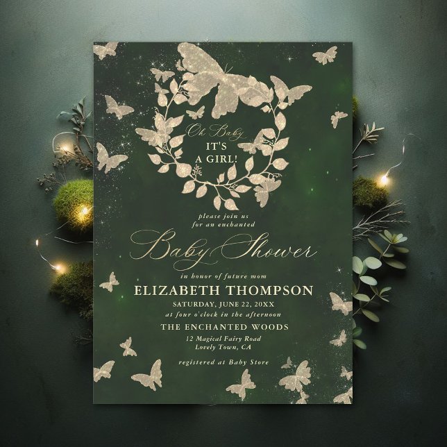 Förtrollade Skogens Fjärilar Lövverk Bebis Shower Inbjudningar (Enchanted Forest Hunter Green Greenery Butterflies Modern Calligraphy Baby Shower Invitation)