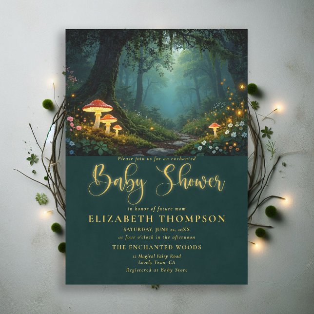 Förtrollade Skogens Svamp Vilda Blommor Bebisens M Inbjudningar (enchanted forest baby shower theme invite magical fairy tale mushrooms woodland wildflowers glow)