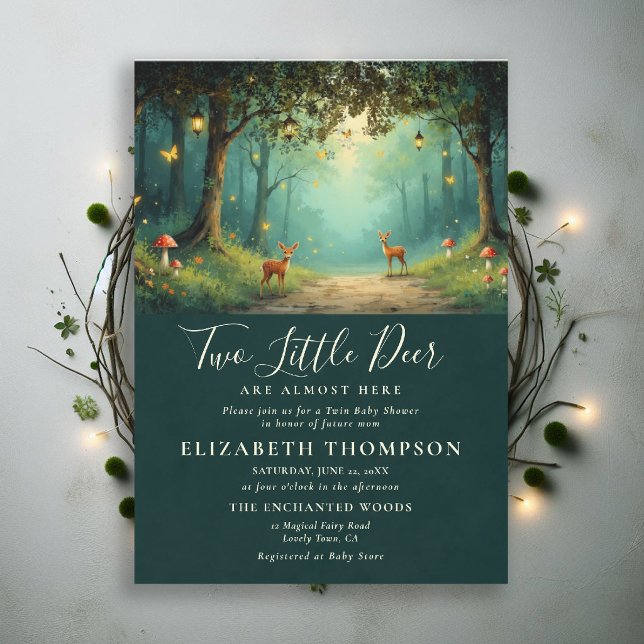 Förtrollade Skogens Svampar Hjortar Tvillingar Beb Inbjudningar (twins baby shower theme invite enchanted forest magical fairy tale mushrooms woodland deer emerald)