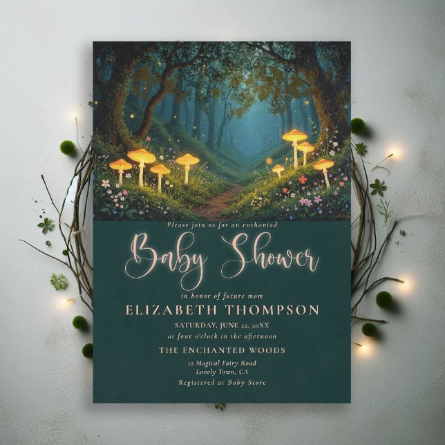 Förtrollade Skogssvampar Rodnad Glöd Bebisdopp Inbjudningar (enchanted forest baby shower theme invite magical fairy tale mushroom woodland wildflower blush glow)