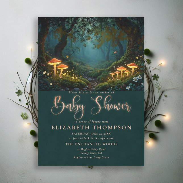 Förtrollade Skogssvampar Vild Lunden Bebisdopp Inbjudningar (enchanted forest baby shower theme invitation magical fairy tale mushrooms woodland wildflowers)