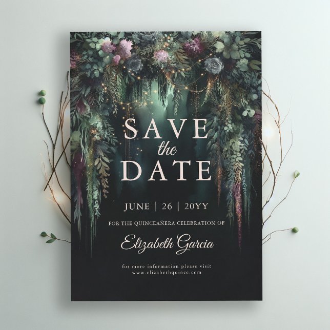 Förtrollade Skogsvalvet Sagoberättande Grön Quince Spara Datumet (quinceanera save the date invitation enchanted forest quince magical fairy tale botanical emerald)
