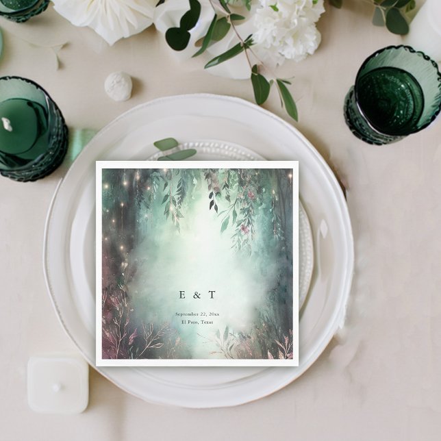 Förtrollade skogsviner Guld Mauve Magic Bröllop Pappersservett (enchanted forest wedding napkin modern elegant romantic watercolor gold vines emerald mauve)